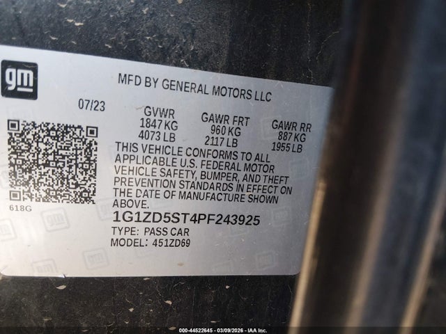 1G1ZD5ST4PF243925 Chevrolet Malibu Fwd 1lt