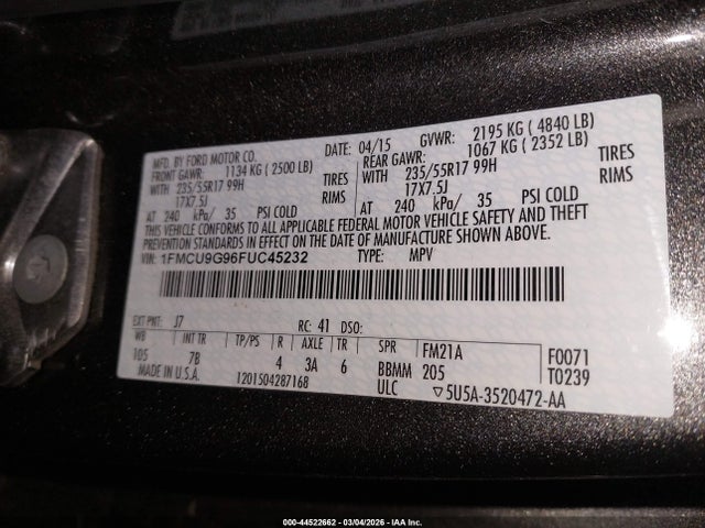 Ford ESCAPE SE 2015 1FMCU9G96FUC45232 Image 9