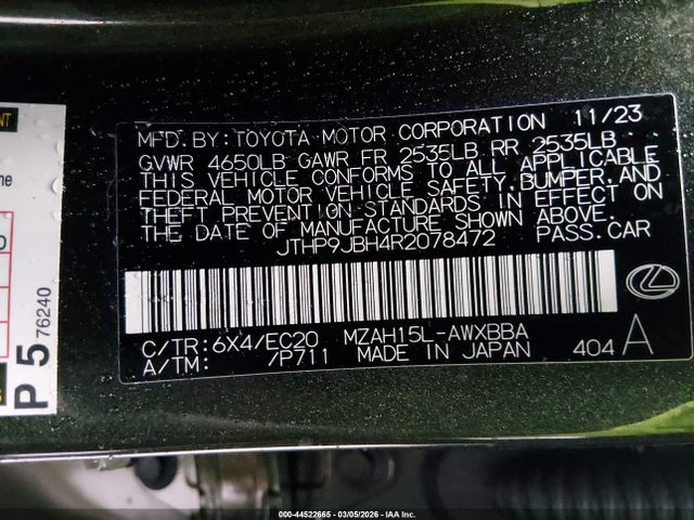 44522665 :رقم المزاد ، JTHP9JBH4R2078472 vin ، 2024 Lexus Ux 250h Premium مزاد بيع