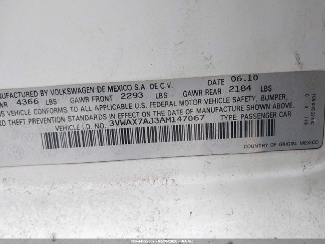 Продаж на аукціоні авто 2010 Volkswagen Jetta Limited Edition, vin: 3VWAX7AJ3AM147067, номер лоту: 44522667