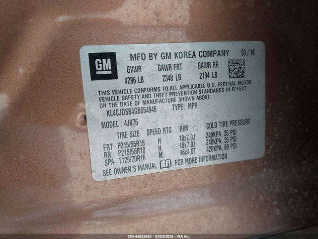 44522692 :رقم المزاد ، KL4CJDSB4GB654945 vin ، 2016 Buick Encore Premium مزاد بيع