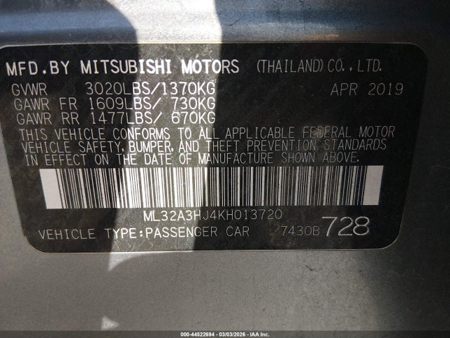 Продаж на аукціоні авто 2019 Mitsubishi Mirage Es, vin: ML32A3HJ4KH013720, номер лоту: 44522694
