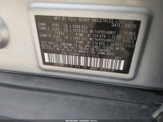 Aukcja sprzedaży 2012 Subaru Outback 2.5i Limited, vin: 4S4BRBLCXC3273574, numer aukcji: 44522699
