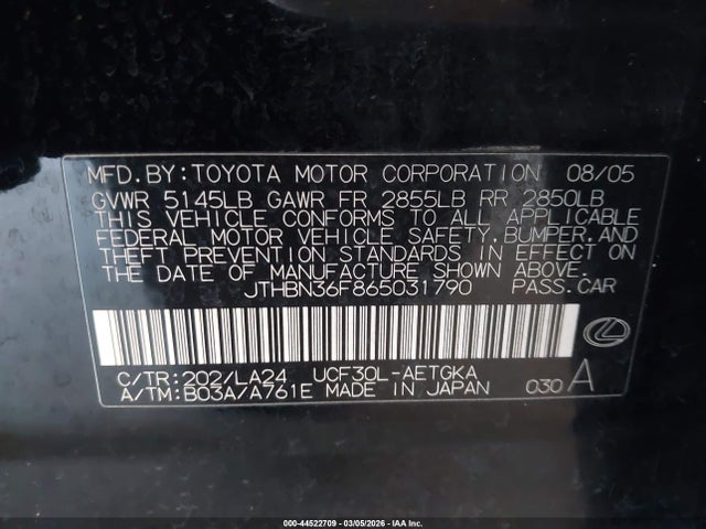 Aukcja sprzedaży 2006 Lexus Ls 430, vin: JTHBN36F865031790, numer aukcji: 44522709