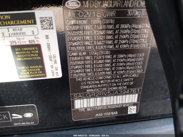 Aukcja sprzedaży 2018 Land Rover Range Rover 3.0l V6 Supercharged, vin: SALGR2RV5JA394761, numer aukcji: 44522723