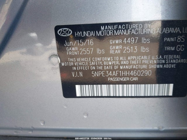 Aukcja sprzedaży 2017 Hyundai Sonata Sport, vin: 5NPE34AF1HH460290, numer aukcji: 44522726