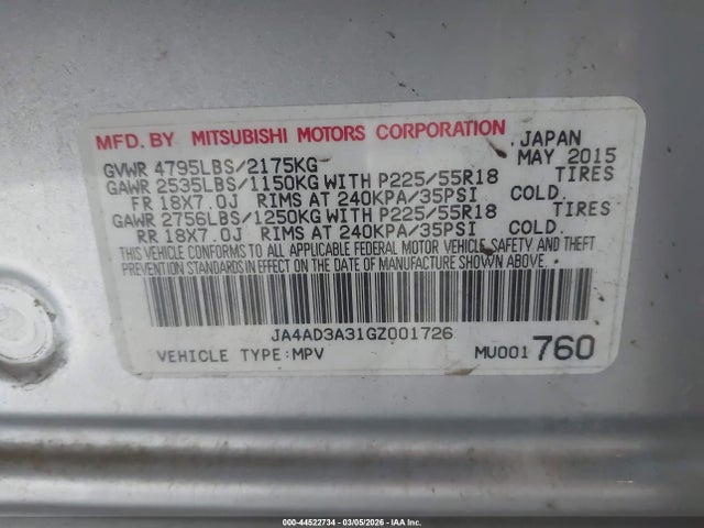Продажа на аукционе авто 2016 Mitsubishi Outlander Se, vin: JA4AD3A31GZ001726, номер лота: 44522734