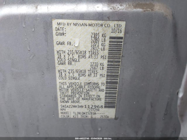 5N1AZ2MH3HN112968 Nissan MURANO SV