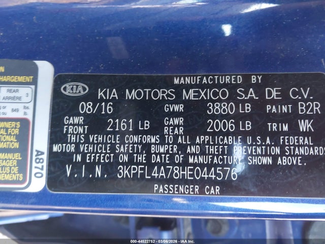 2017 Kia Forte S მანქანა იყიდება აუქციონზე, vin: 3KPFL4A78HE044576, აუქციონის ნომერი: 44522752