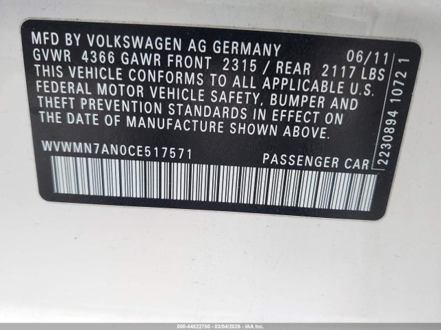 44522780 :رقم المزاد ، WVWMN7AN0CE517571 vin ، 2012 Volkswagen Cc Sport مزاد بيع