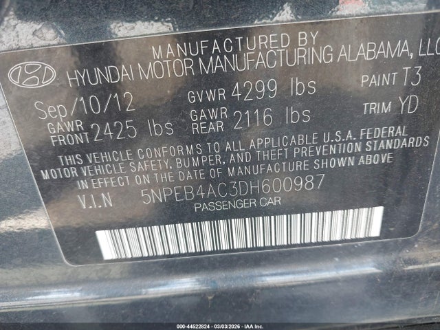 Aukcja sprzedaży 2013 Hyundai Sonata Gls, vin: 5NPEB4AC3DH600987, numer aukcji: 44522824