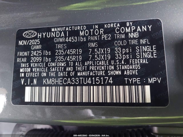 Продаж на аукціоні авто 2026 Hyundai Kona Limited, vin: KM8HECA33TU415174, номер лоту: 44522843