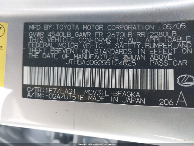 Aukcja sprzedaży 2005 Lexus Es 330, vin: JTHBA30G255124025, numer aukcji: 44522850
