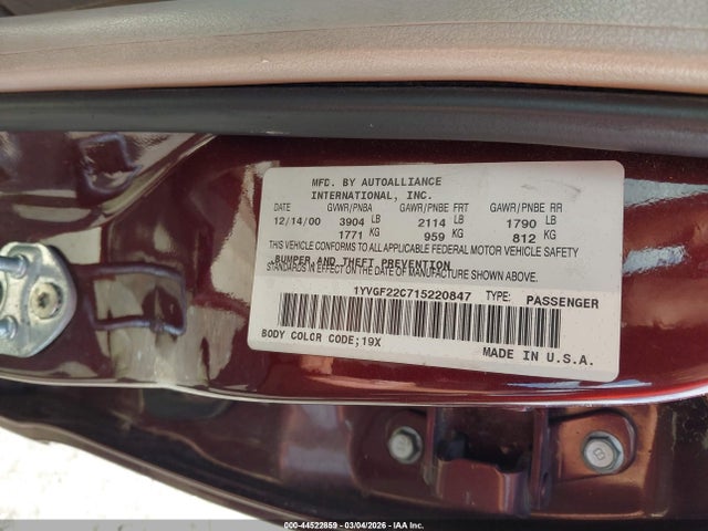 Aukcja sprzedaży 2001 Mazda 626 Es/lx, vin: 1YVGF22C715220847, numer aukcji: 44522859