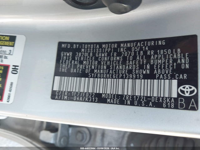 5YFBURHE6EP139919 Toyota Corolla S Plus