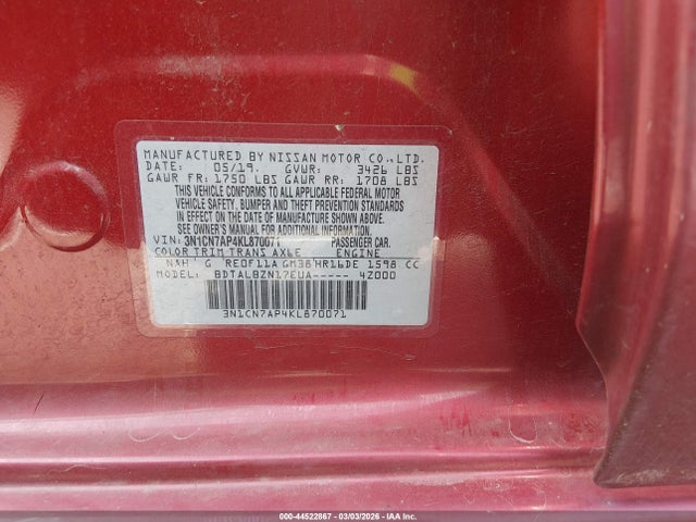 Продаж на аукціоні авто 2019 Nissan Versa 1.6 Sv, vin: 3N1CN7AP4KL870071, номер лоту: 44522867