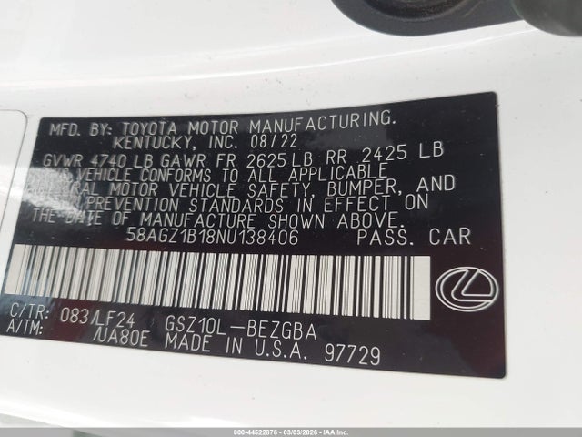 2022 Lexus Es 350 F Sport მანქანა იყიდება აუქციონზე, vin: 58AGZ1B18NU138406, აუქციონის ნომერი: 44522876