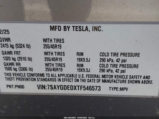 Auction sale of the 2026 Tesla Model Y Premium Rear-wheel Drive/standard Rear-wheel Drive, vin: 7SAYGDEDXTF546573, lot number: 44522893