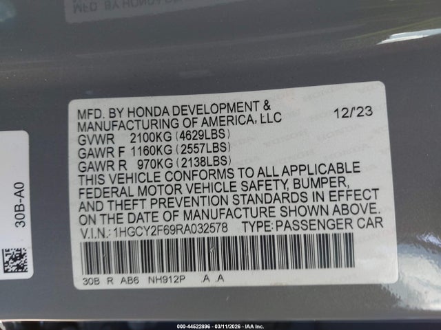 44522896 :رقم المزاد ، 1HGCY2F69RA032578 vin ، 2024 Honda Accord Hybrid Ex-l مزاد بيع