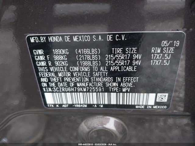 3CZRU6H79KM725591 Honda Hr-v Ex-l
