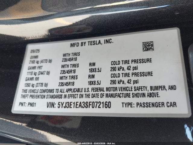 Aukcja sprzedaży 2025 Tesla Model 3 Long Range Rear-wheel Drive/standard Rear-wheel Drive, vin: 5YJ3E1EA3SF072160, numer aukcji: 44522915