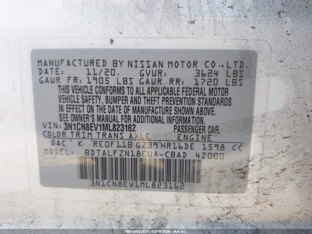44522921 :رقم المزاد ، 3N1CN8EV1ML823162 vin ، 2021 Nissan Versa Sv Xtronic Cvt مزاد بيع