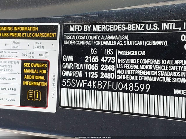 Aukcja sprzedaży 2015 Mercedes-benz C 300 Sport 4matic, vin: 55SWF4KB7FU048599, numer aukcji: 44522935