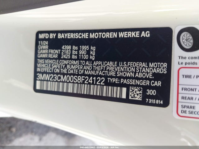 44522982 :رقم المزاد ، 3MW23CM00S8F24122 vin ، 2025 Bmw 230i مزاد بيع