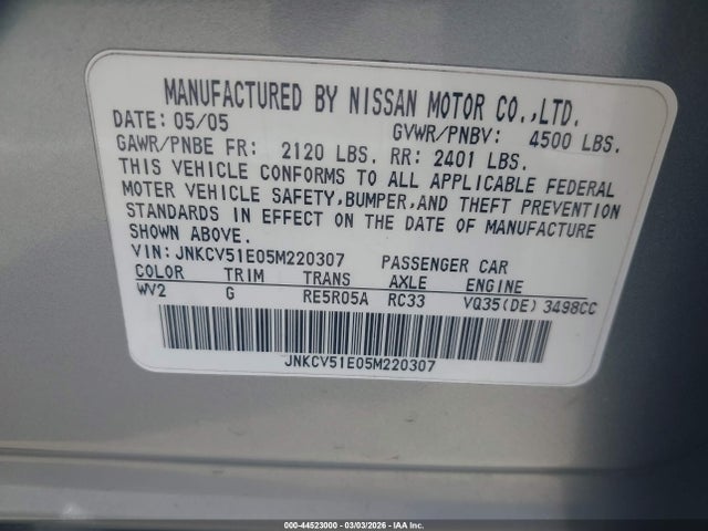 44523000 :رقم المزاد ، JNKCV51E05M220307 vin ، 2005 Infiniti G35 مزاد بيع