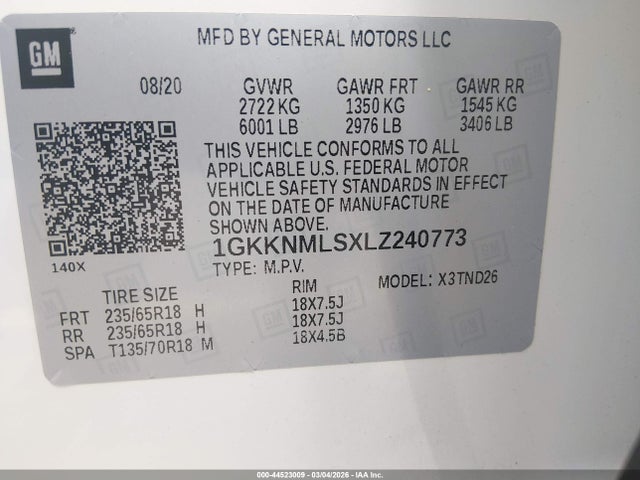 1GKKNMLSXLZ240773 GMC Acadia Fwd Slt