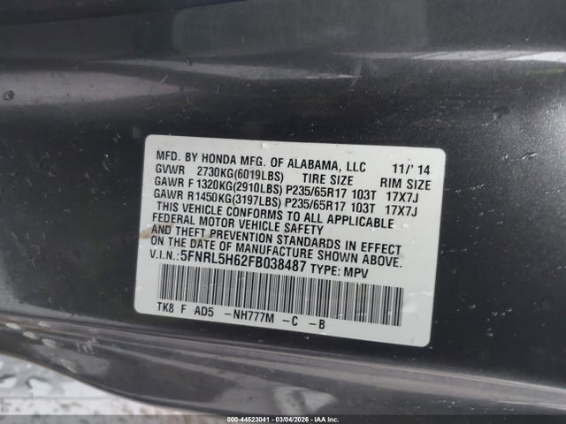 Honda Odyssey Ex-l 2015 5FNRL5H62FB038487 Image 9