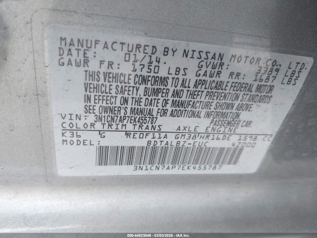 Nissan Versa 1.6 Sv 2014 3N1CN7AP7EK455787 Image 9