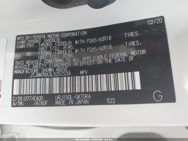 Продаж на аукціоні авто 2020 Lexus Gx 460 Premium, vin: JTJAM7BX3L5257234, номер лоту: 44523064