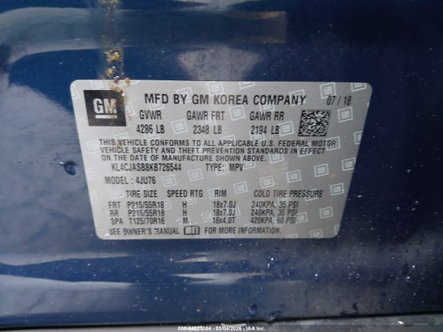 2019 Buick Encore Fwd Preferred მანქანა იყიდება აუქციონზე, vin: KL4CJASB8KB726544, აუქციონის ნომერი: 44523084