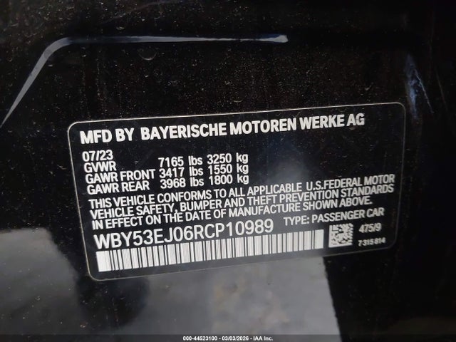44523100 :رقم المزاد ، WBY53EJ06RCP10989 vin ، 2024 Bmw I7 Xdrive60 مزاد بيع
