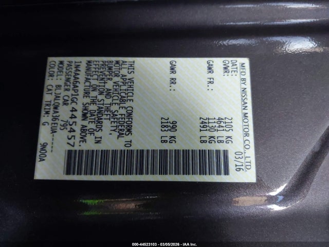 1N4AA6AP1GC445457 Nissan Maxima 3.5 Platinum/3.5 S/3.5 Sl/3.5 Sr/3.5 Sv