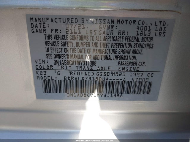 3N1AB8CV1MY311388 Nissan Sentra Sv Xtronic Cvt
