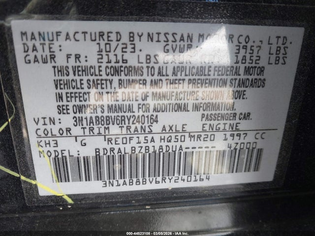 44523108 :رقم المزاد ، 3N1AB8BV6RY240164 vin ، 2024 Nissan Sentra S Xtronic Cvt مزاد بيع