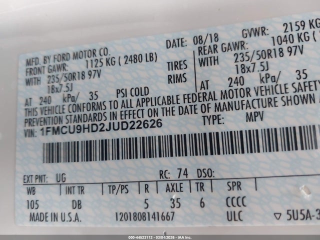 Ford ESCAPE SEL 2018 1FMCU9HD2JUD22626 Image 9