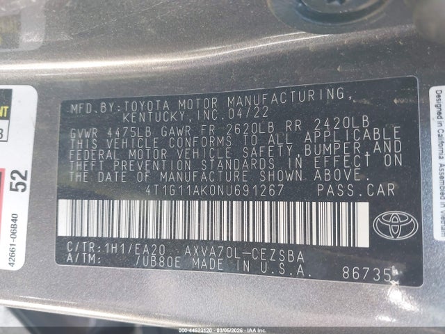 4T1G11AK0NU691267 Toyota CAMRY SE