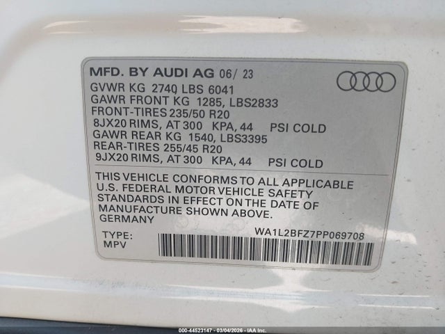 Продаж на аукціоні авто 2023 Audi Q4 E-tron Premium Plus 50 Quattro, vin: WA1L2BFZ7PP069708, номер лоту: 44523147