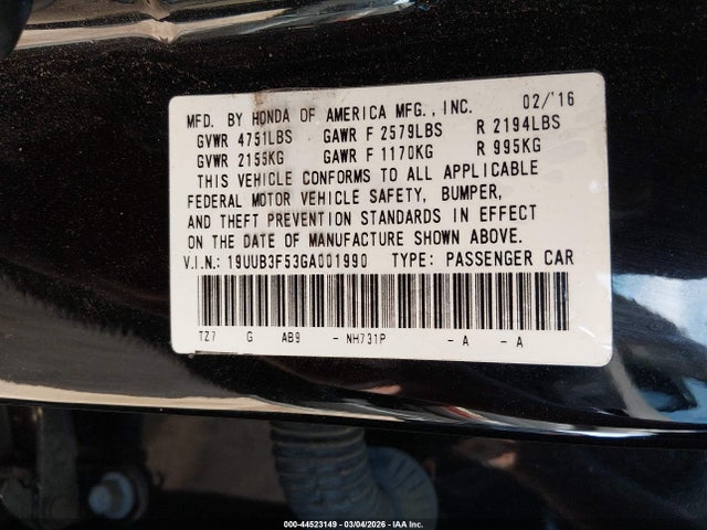 44523149 :رقم المزاد ، 19UUB3F53GA001990 vin ، 2016 Acura Tlx V6 Tech مزاد بيع