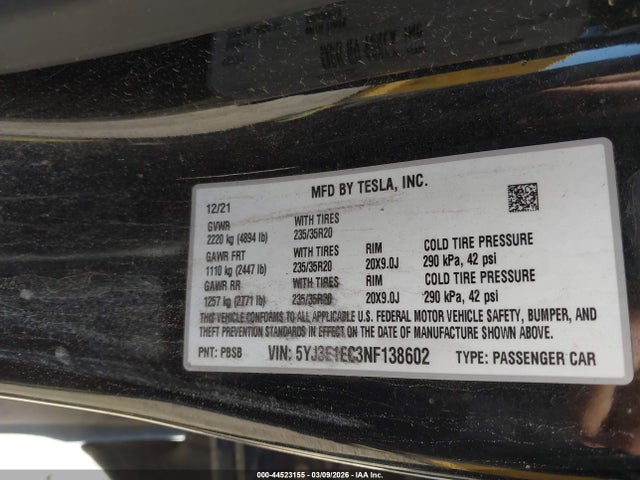 44523155 :رقم المزاد ، 5YJ3E1EC3NF138602 vin ، 2022 Tesla Model 3 Performance Dual Motor All-wheel Drive مزاد بيع