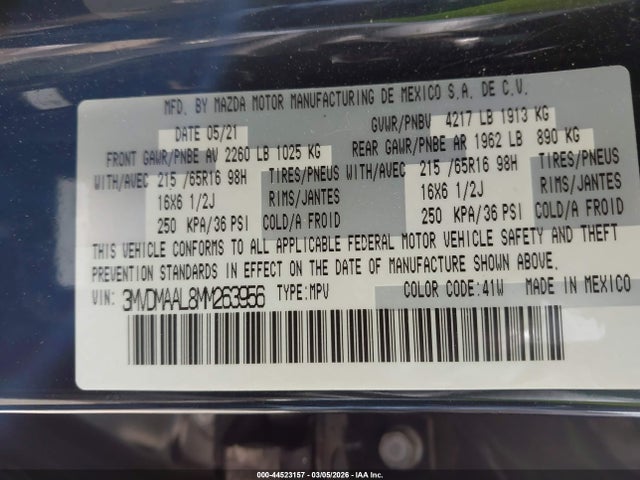 44523157 :رقم المزاد ، 3MVDMAAL8MM263956 vin ، 2021 Mazda Cx-30 2.5 S مزاد بيع