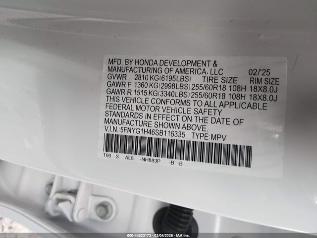 5FNYG1H46SB116335 Honda Pilot Ex-l