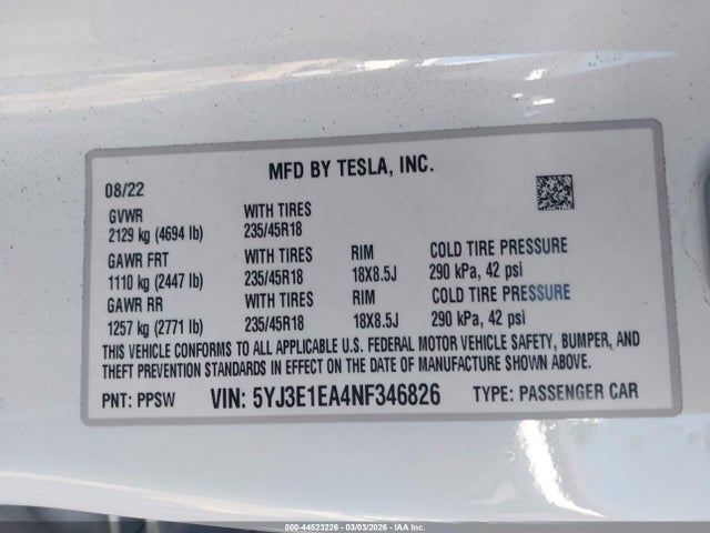 Aukcja sprzedaży 2022 Tesla Model 3 Rear-wheel Drive, vin: 5YJ3E1EA4NF346826, numer aukcji: 44523226