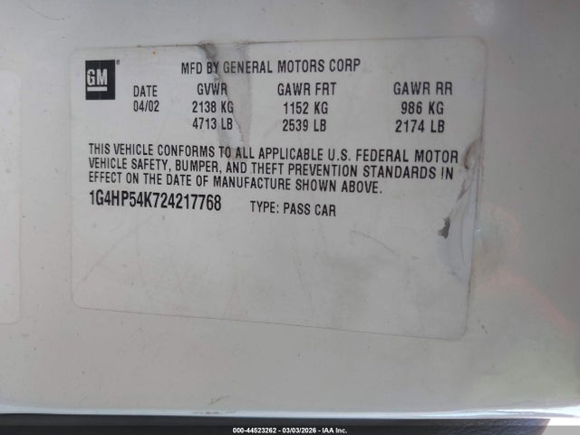 Продаж на аукціоні авто 2002 Buick Lesabre Custom, vin: 1G4HP54K724217768, номер лоту: 44523262