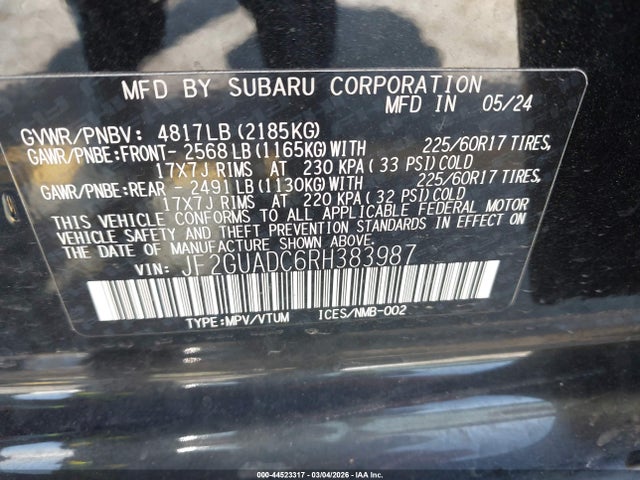 Aukcja sprzedaży 2024 Subaru Crosstrek Premium, vin: JF2GUADC6RH383987, numer aukcji: 44523317