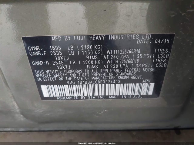 Subaru Outback 2.5i Limited 2015 4S4BSALC8F3324413 Image 9