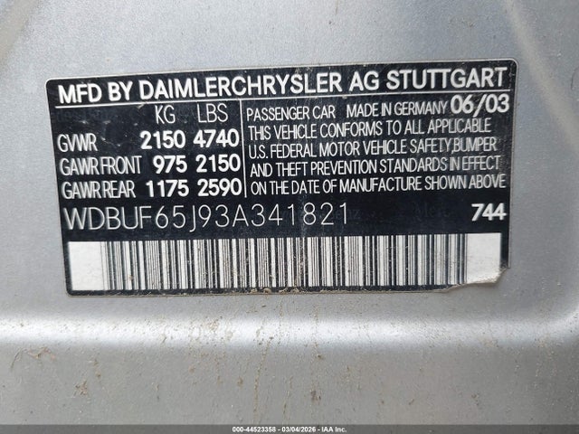 Продаж на аукціоні авто 2003 Mercedes-benz E 320, vin: WDBUF65J93A341821, номер лоту: 44523358